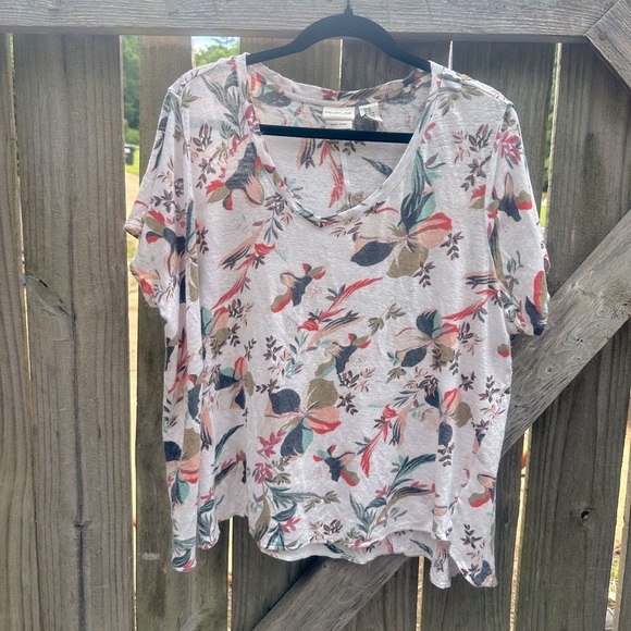 Rachel Zoe 100% Linen Plus Size Floral Casual Loose Fit Short Sleeve Tee - Picture 1 of 6